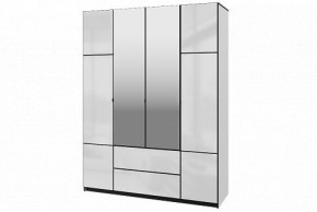 Шкаф 4-х дверный Палермо 02 с ящиками и зеркалом Белый гладкий шелк/Черный гладкий шелк в Губахе - gubaha.ok-mebel.com | фото